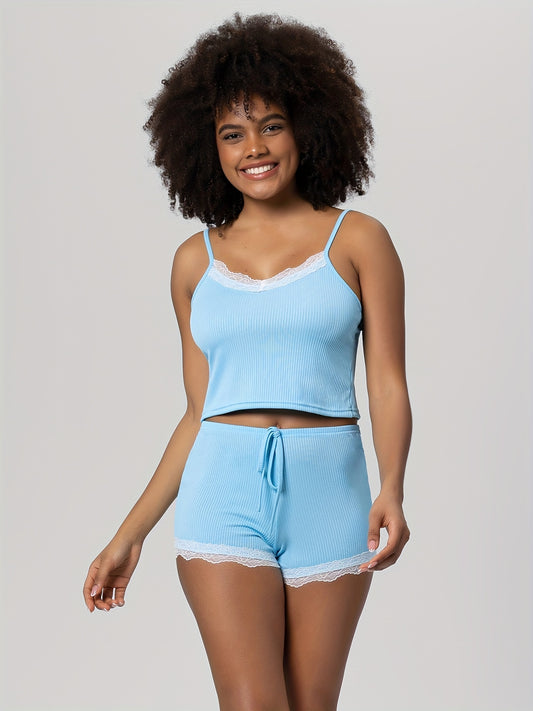 Contrast Lace Pajama Set, Sleeveless Cami Top & Elastic Waistband Shorts, Women's Sleepwear & Loungewear