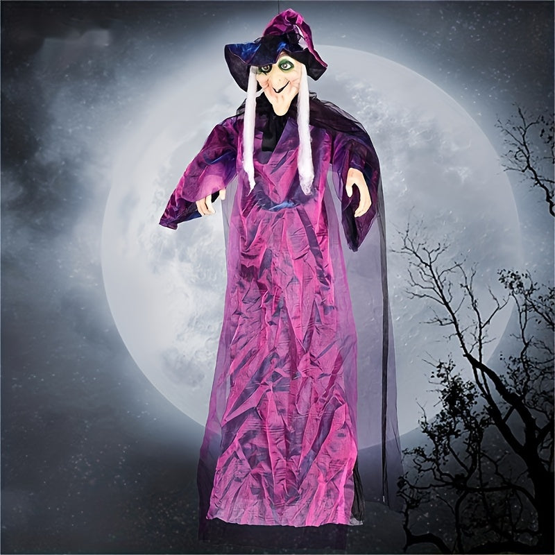 1pc Halloween Hanging Witch Prop, 70.86 Inches Tall, Sound-Activated, Light-Up & Voice Features, Fabric And Latex Construction, Haunted House And Horror Theme Decor For Bars And Party Settings