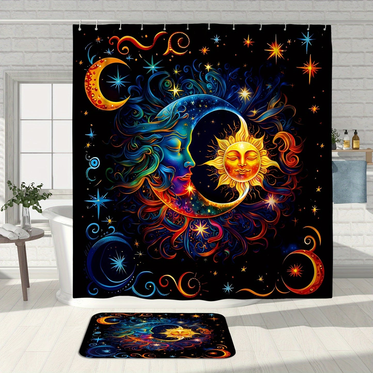 1/4pcs Sun Moon Star Pattern Bathroom Shower Curtain Set, Waterproof Curtains With Plastic Hooks, Bathroom Carpet, U-shaped Mat, Toilet Cover Mat, Bathroom Decor