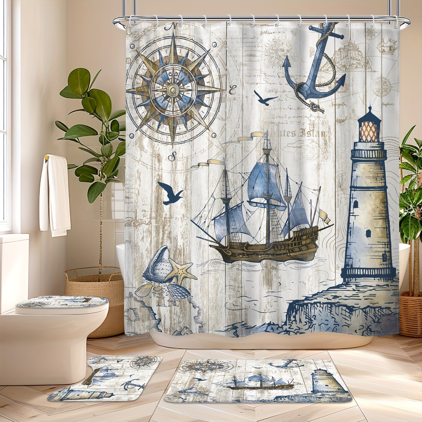 1pcNautical Sailboat Wooden Shower Curtain, 72Wx72H Waterproof Polyester Fabric Curtain, Bathroom Decorations With 12 Hooks, Home Decor, Bathroom Accessories