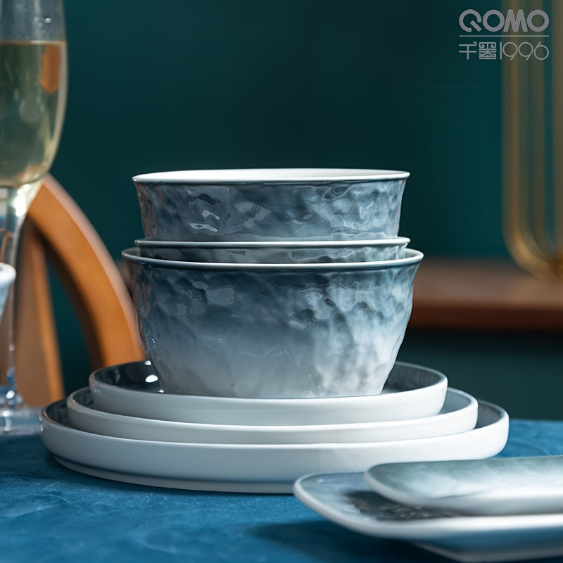 QOMO Dinnerware Sets for 12 Round Gradient Blue Ceramic Plates and Bowls Set High Teperature Resistant | Dishwasher & Microwave Safe Dishes Set Modern Scandinavian style (5 inch bowl *4, 8 inch plate *4, 10 inch plate *4)