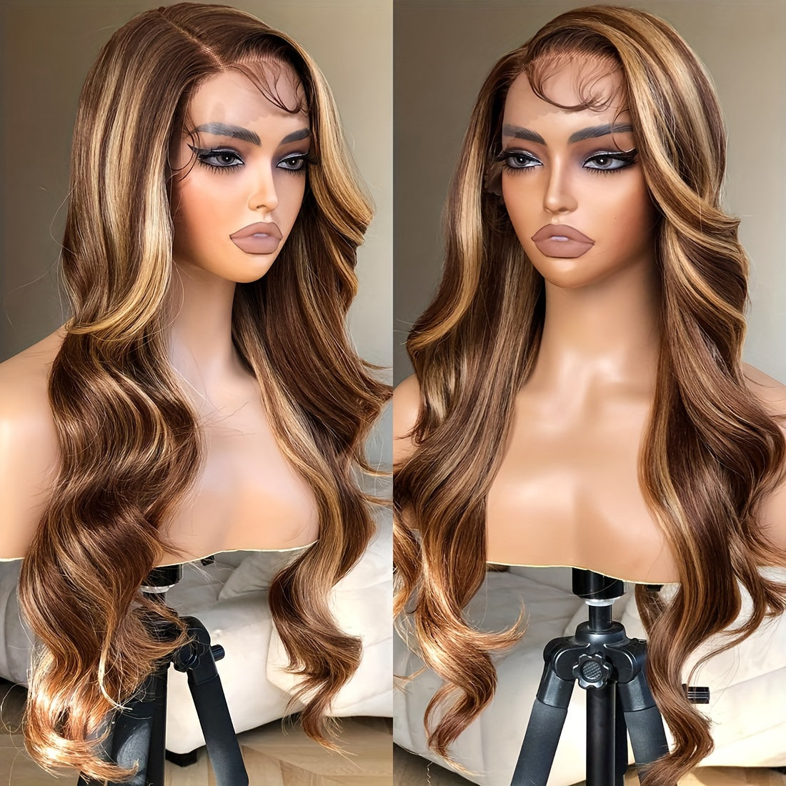 Honey Blonde Lace Front Women Wigs Body Wave Synthetic 13x5x1 Lace Frontal Wig Pre Plucked Glueless Wig For Women 4/27 Highlight Ombre Honey Blonde Wig Side Part Wig 24inch Bombshell Wig