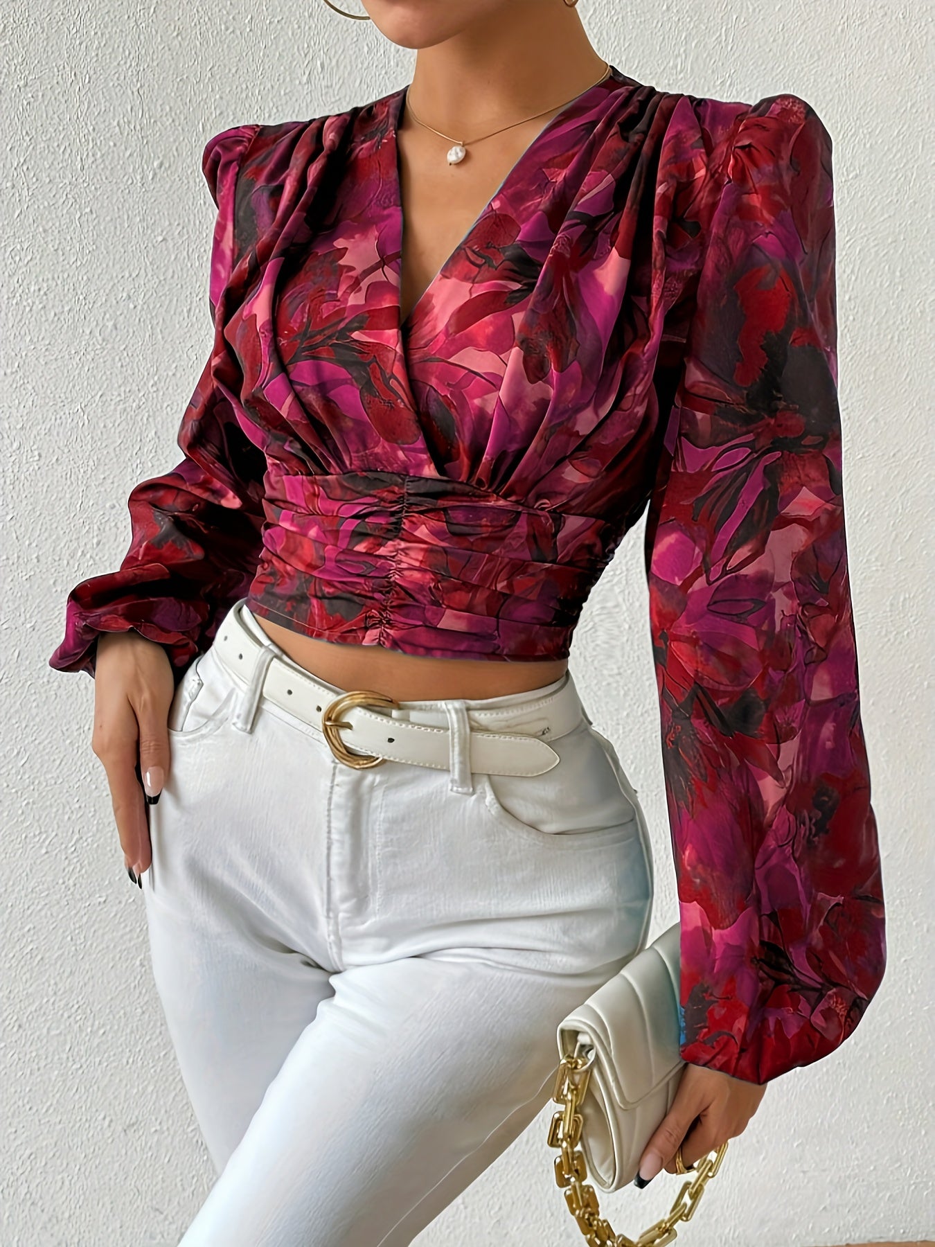 Elegant Floral Print V-Neck Blouse with Ruffle Trim - Machine Washable, Polyester, All-Season Women's Fashion Top