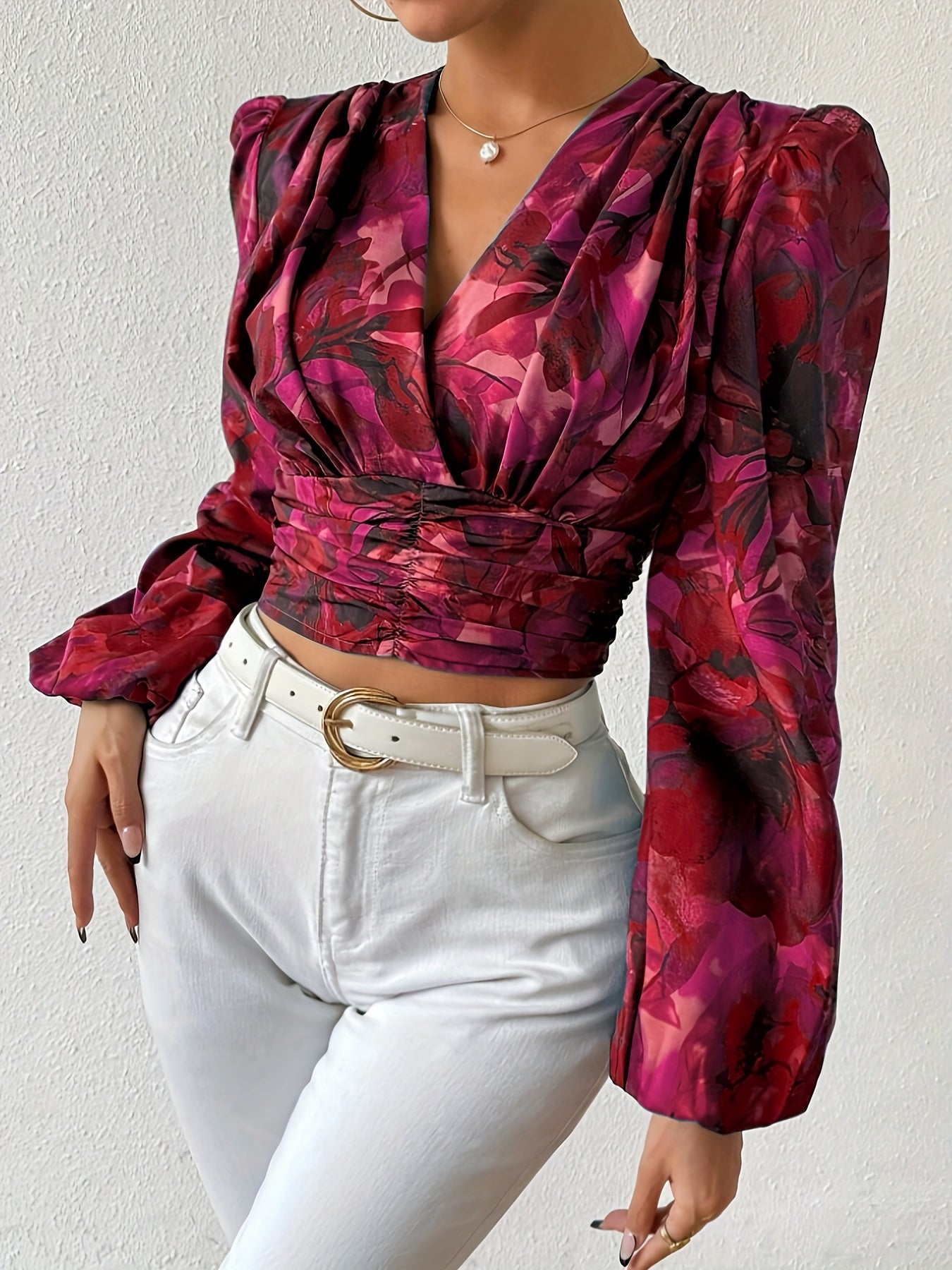 Elegant Floral Print V-Neck Blouse with Ruffle Trim - Machine Washable, Polyester, All-Season Women's Fashion Top