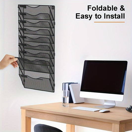 1 Pcs Wall File Organizer, 10 Pockets Hanging File Organizer, Foldable Mesh File Folder Organizer with Label Panel | 2 Hooks | Wall Mount & Door Hanging for Office Home