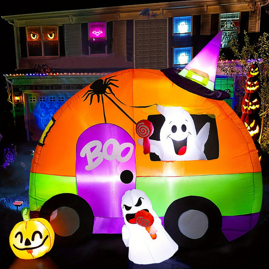 Halloween Inflatable Yard Decorations, 6Ft Tall Blow Up Ghost Bus With Spider, Pumpkin, Witch Hat, Light Up Holiday Inflatables Decorations For Indoor Outdoor, Party, Garden, Lawn