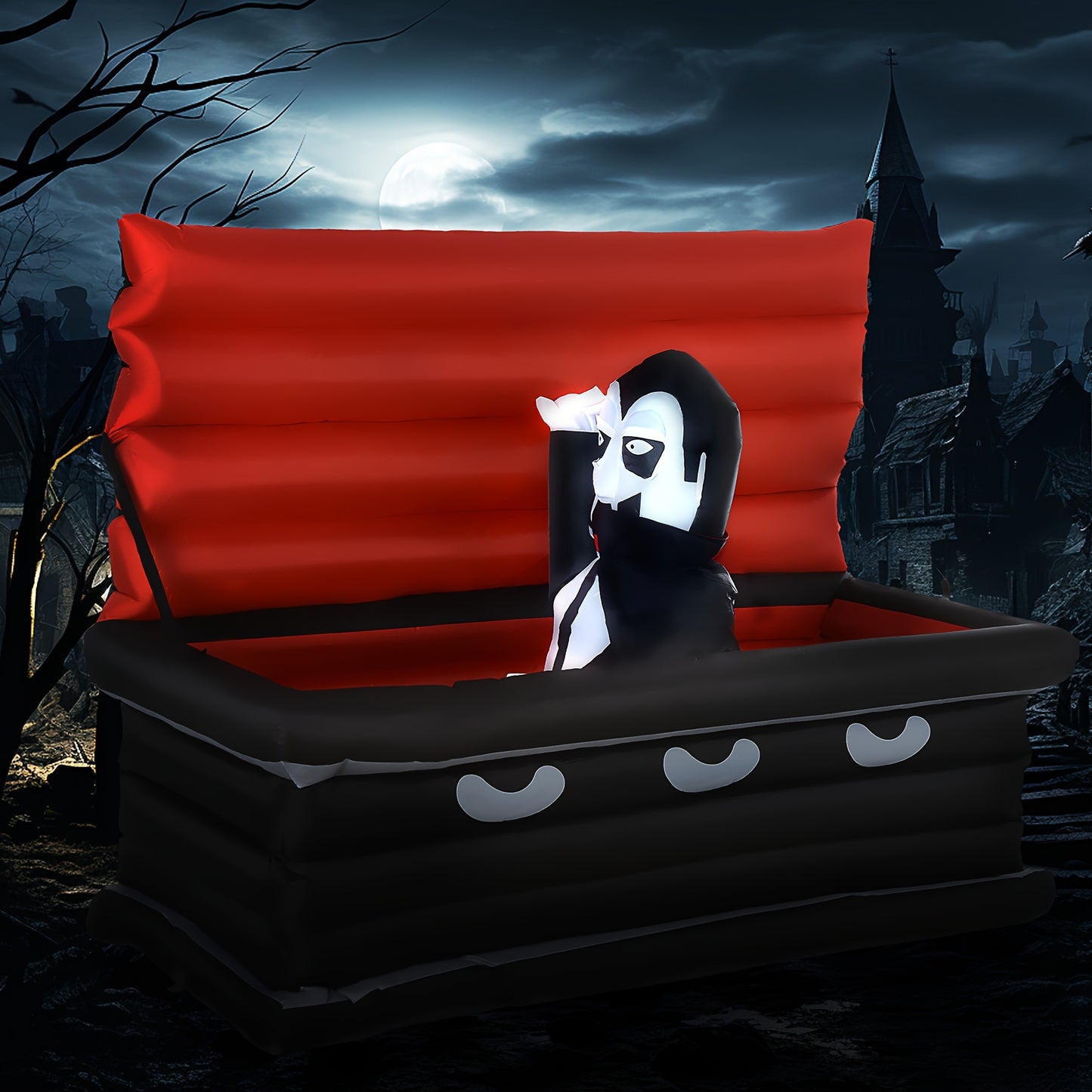 HOMCOM 6FT W Halloween Inflatables Outdoor Decorations Vampire And Giant Coffin, Blow Up LED Yard Decor, For Garden, Lawn, Party, Holiday