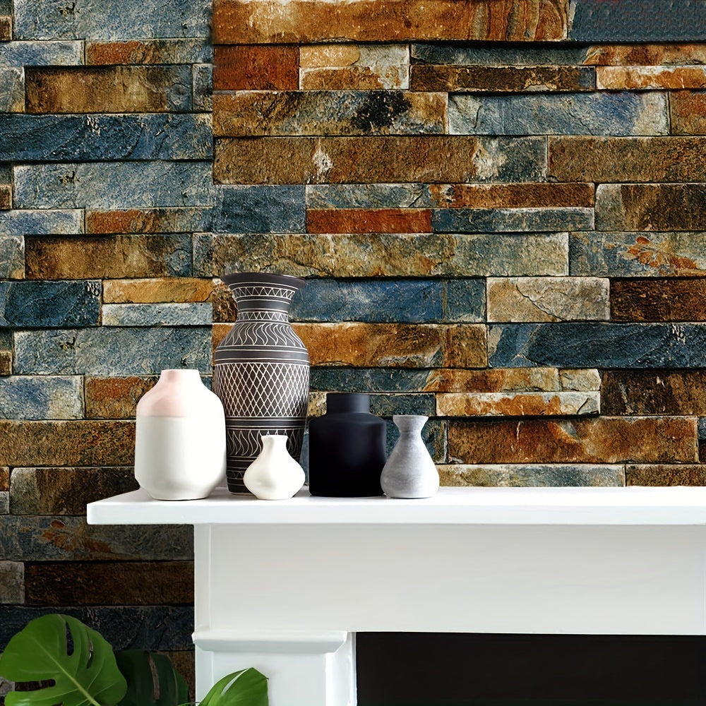 1pc Rustic Brick Stone Wallpaper - Self-Adhesive, Thick PVC, 3D Simulated Grain, Peel & Stick, Room Decor - 18x120 Inches