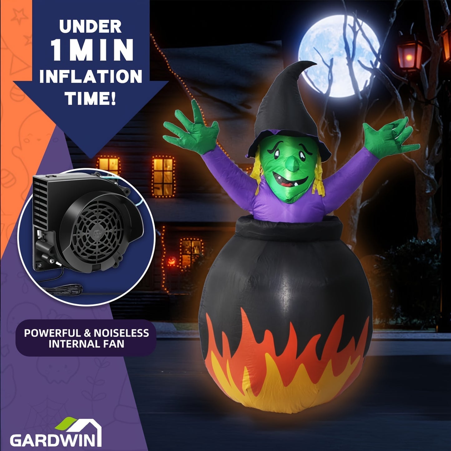 Gardwin Halloween Inflatables, Halloween Inflatable Outdoor Decoration, Inflatable Witch, 6FT Halloween Witch Inflatables, Blow Up Yard Witch With Built-in LEDs For Indoor Garden Lawn Party Decor