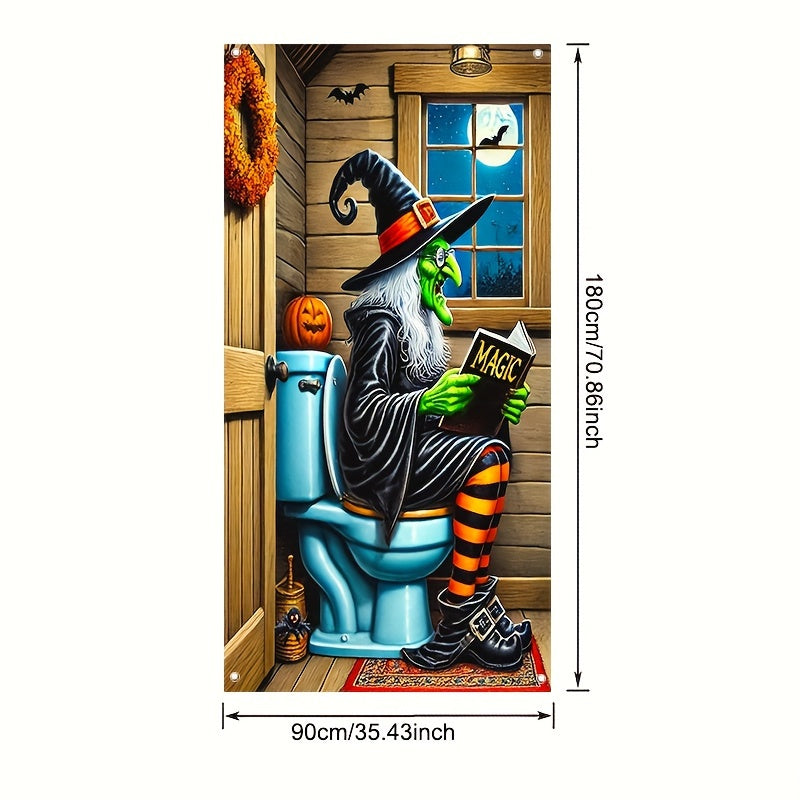 Scary Green Witch Reading Toilet Halloween Door Cover - Durable Polyester, Indoor/Outdoor Party Decor, 35.43 x 70.86 Inch, Perfect for Entrance & Garden