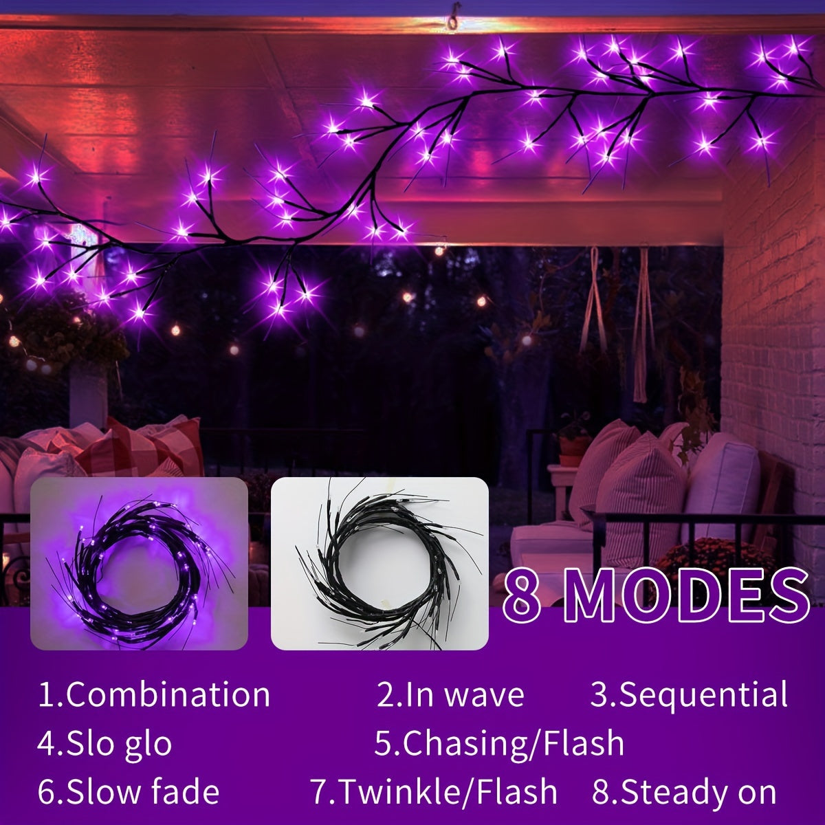 Festive Halloween Willow Vine Purple Lights: 1.7M/5.6FT USB-Powered Indoor/Outdoor Wall Decor, 48 LED Lights, Perfect for Halloween, Valentine's Day, Birthday Parties, and More