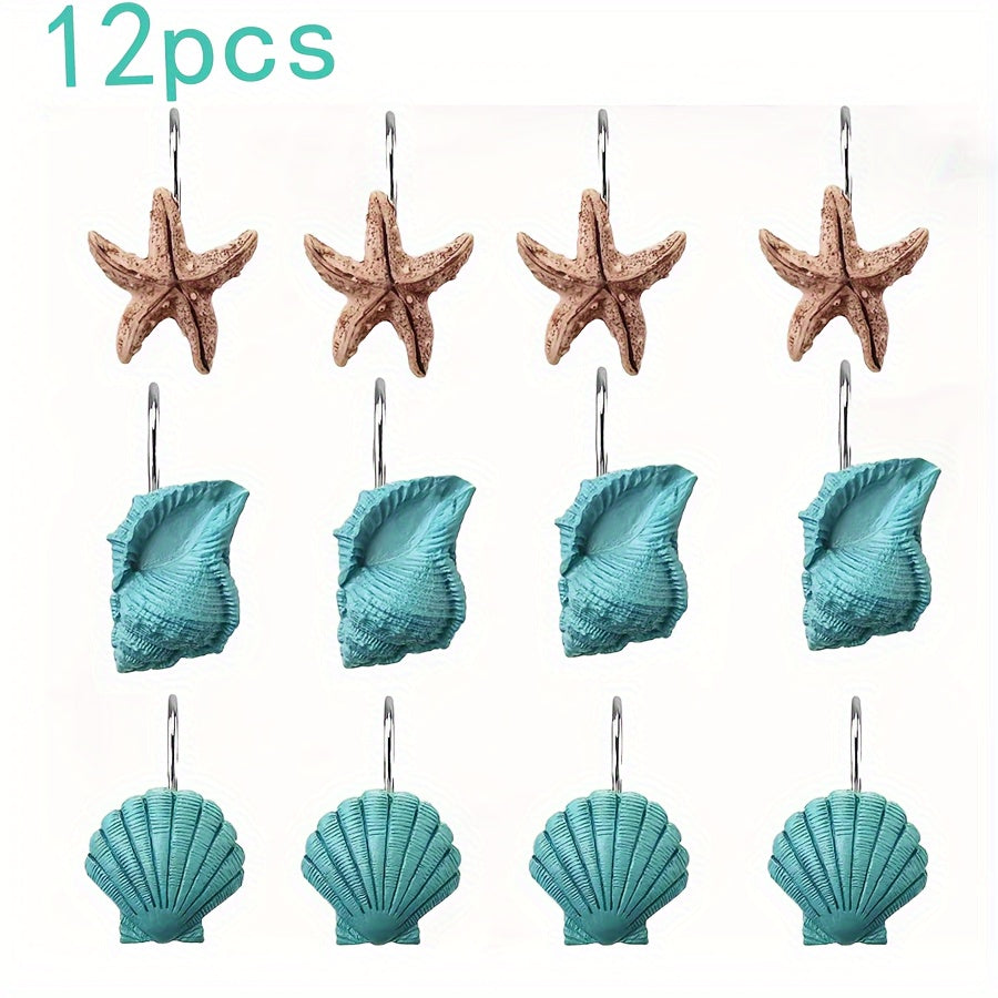 12pcs Blue & Green Shell Decorative Shower Curtain Hooks - Durable Bathroom Accessories Bathroom Decor And Accessories Shower Curtain Sets For Bathrooms