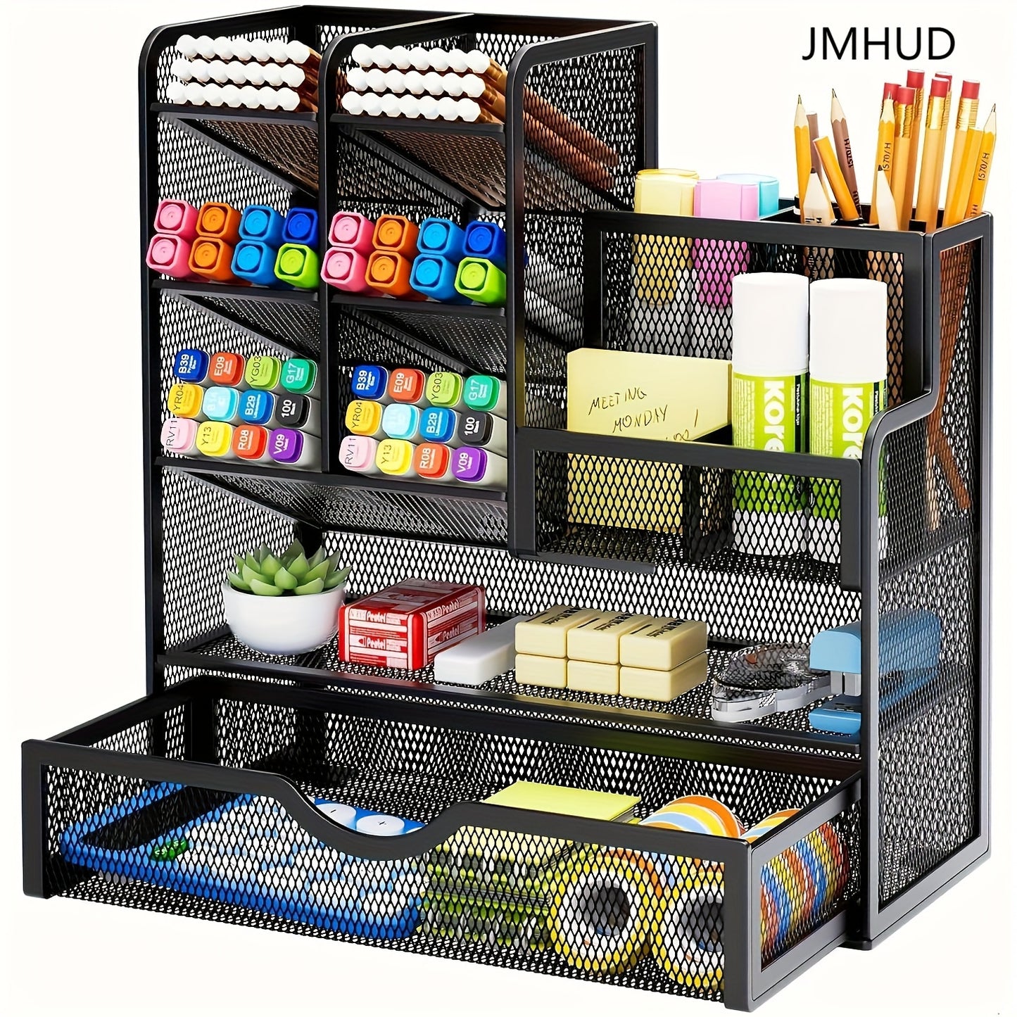 JMHUD Versatile Pencil Organizer, Mesh Pen Holder for Desk, Enhanced Desk Organizer with Drawer, Desk Organizers and Accessories for Office and Art Supplies (Black)