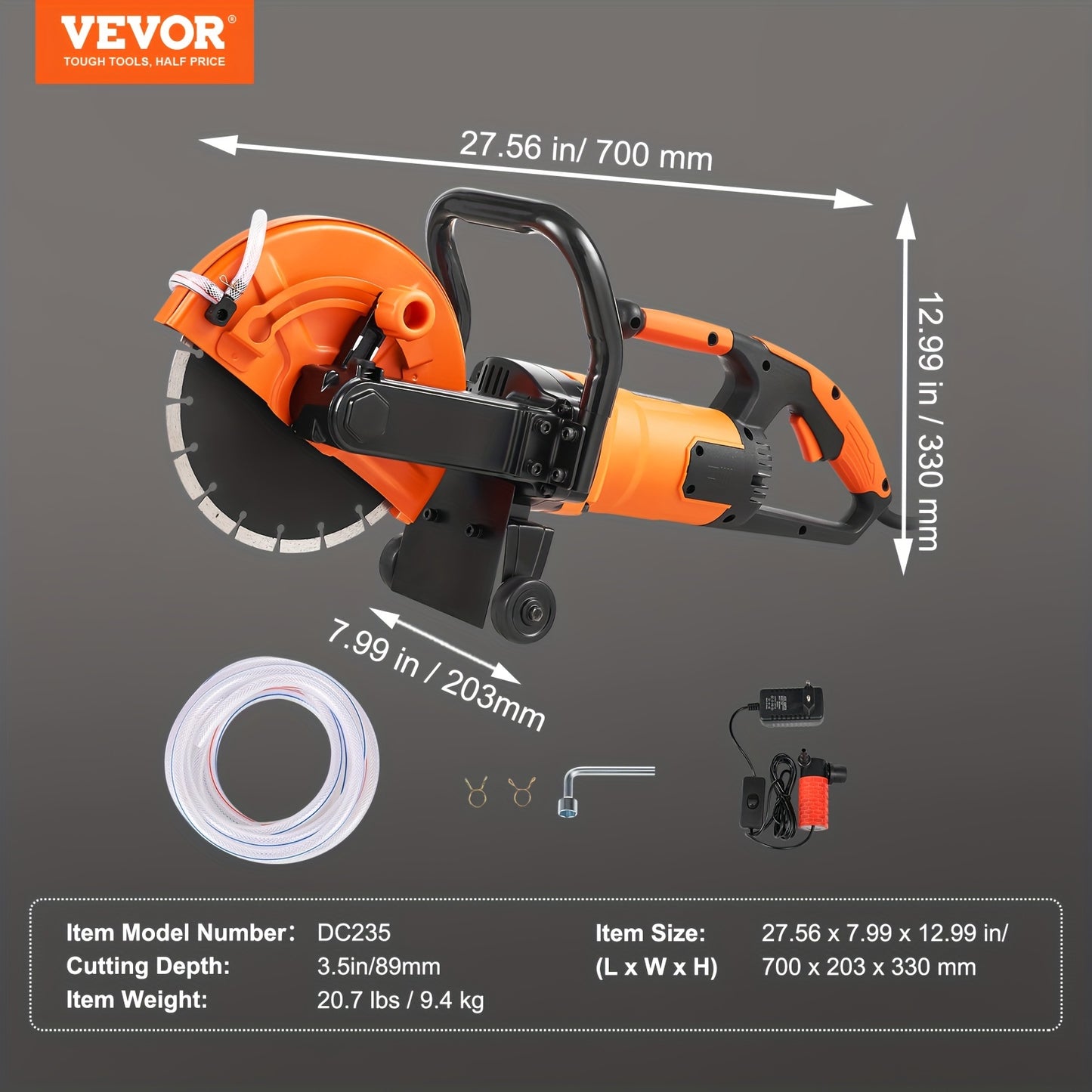 VEVOR Electric Concrete Saw,9 in Circular Saw Cutter with 3.5in Cutting Depth,for Stone,Brick,Porcelain,Concrete,1800W/15A Motor