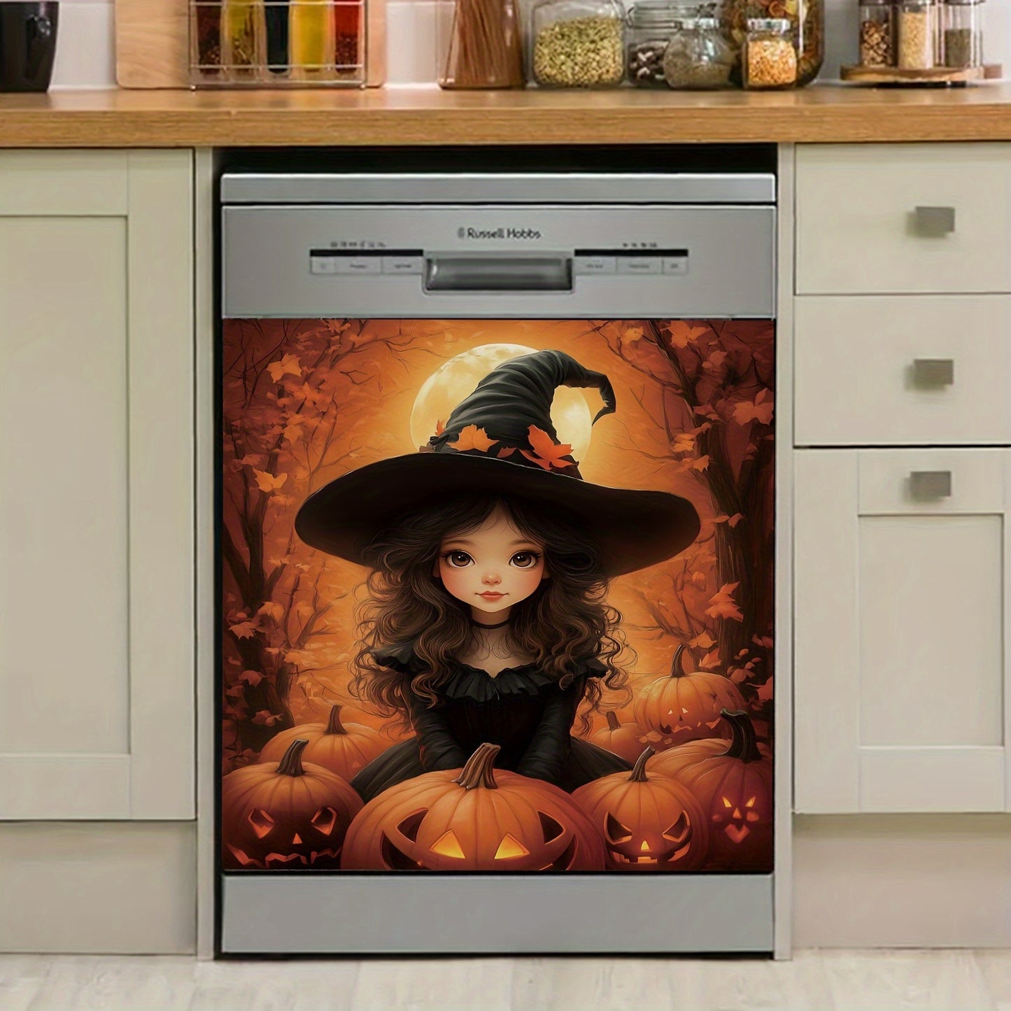 Halloween Witch Refrigerator Magnet - Durable Rubber Rectangle Magnet Sheet for Dishwasher, Oil-Proof & Easy to Clean Kitchen Appliance Decor, Cute Witch & Pumpkin Design, Dishwasher Safe, 23.03x25.59inch