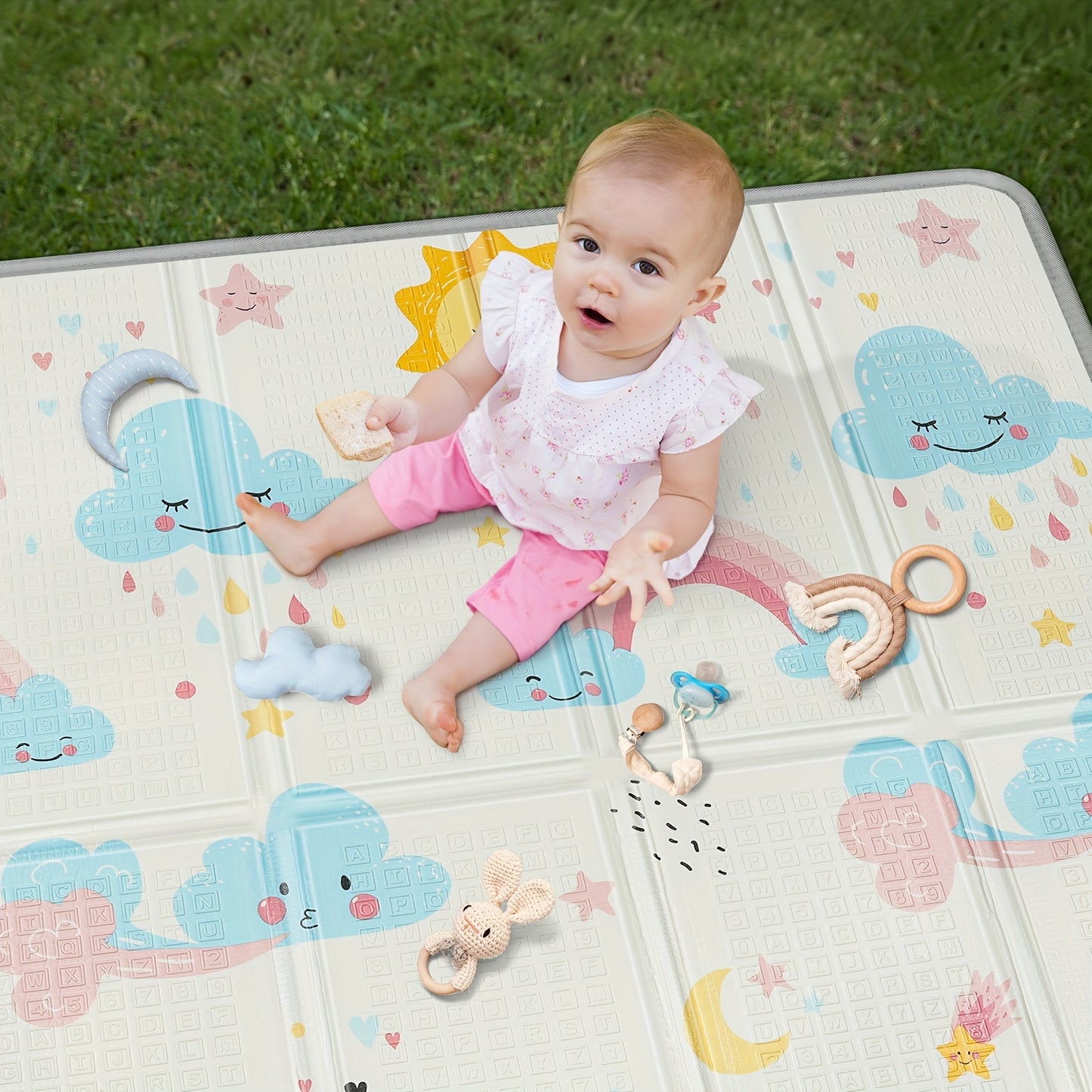 Infant Play Mat, 50x50 inches, 0.6 inches Thick, Waterproof, Safe Foam, Reversible, Portable, Baby Floor Mat, Christmas Thanksgiving Gift, Dual-Sided Pattern (Sun & Stars), Mixed Colors, PE Surface, for Baby Crawl and Toddler Play Area