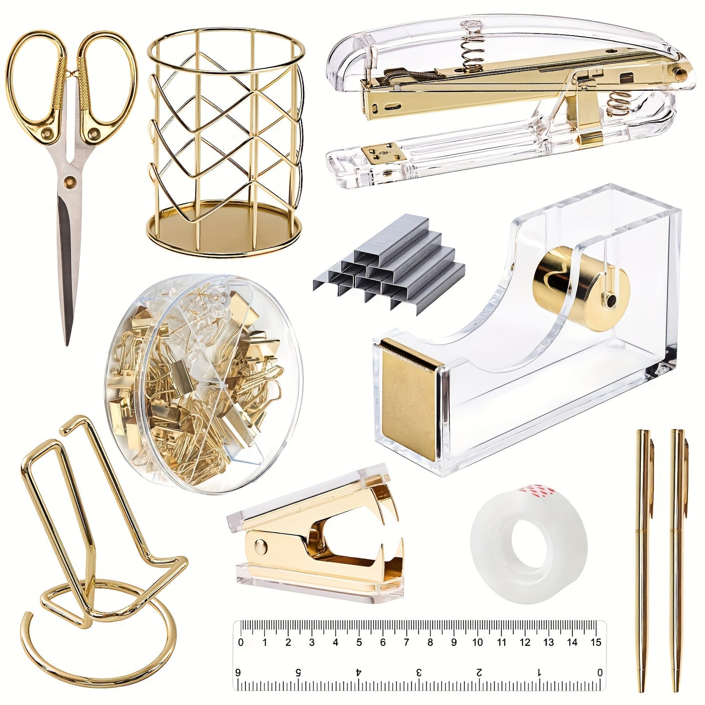 Rose Golden Desk Accessories Acrylic Stapler Staples Remover Tape Holder Pen Holder Ballpoint Pen Scissors Binder Staples Phone