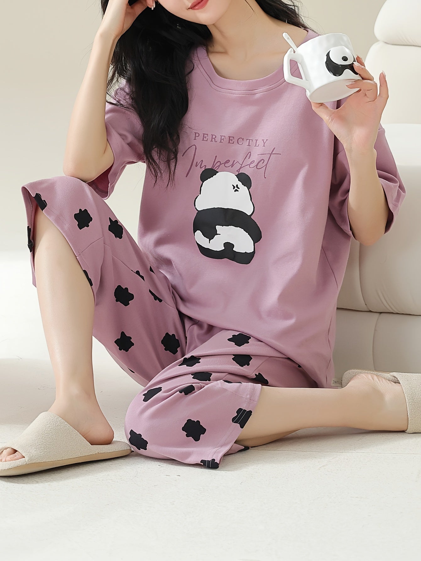 Women's Cute Panda & Polka Dot Print Loose Fit Pajama Set, Drop Shoulder Short Sleeve Round Neck Padded Top & Capri Pants, Comfortable Relaxed Fit