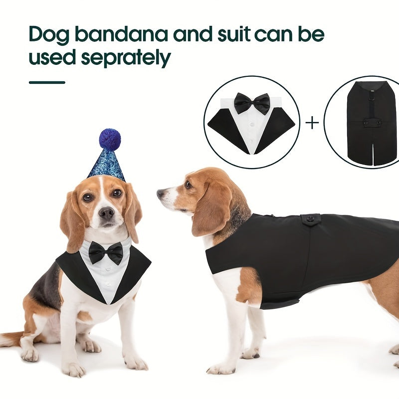 Elegant Dog Tuxedo & Bandana Set - Formal Wedding Attire for Large to Medium Breeds, Machine Washable Polyester