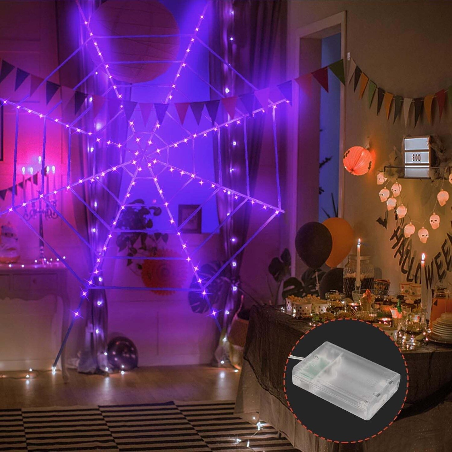 Halloween Decoration 11.8FT Spider Web & 0.98ft Spider, Giant Large Cobweb with Purple LED Lights for Indoor Outdoor Home Yard Garden Scary Party Decor