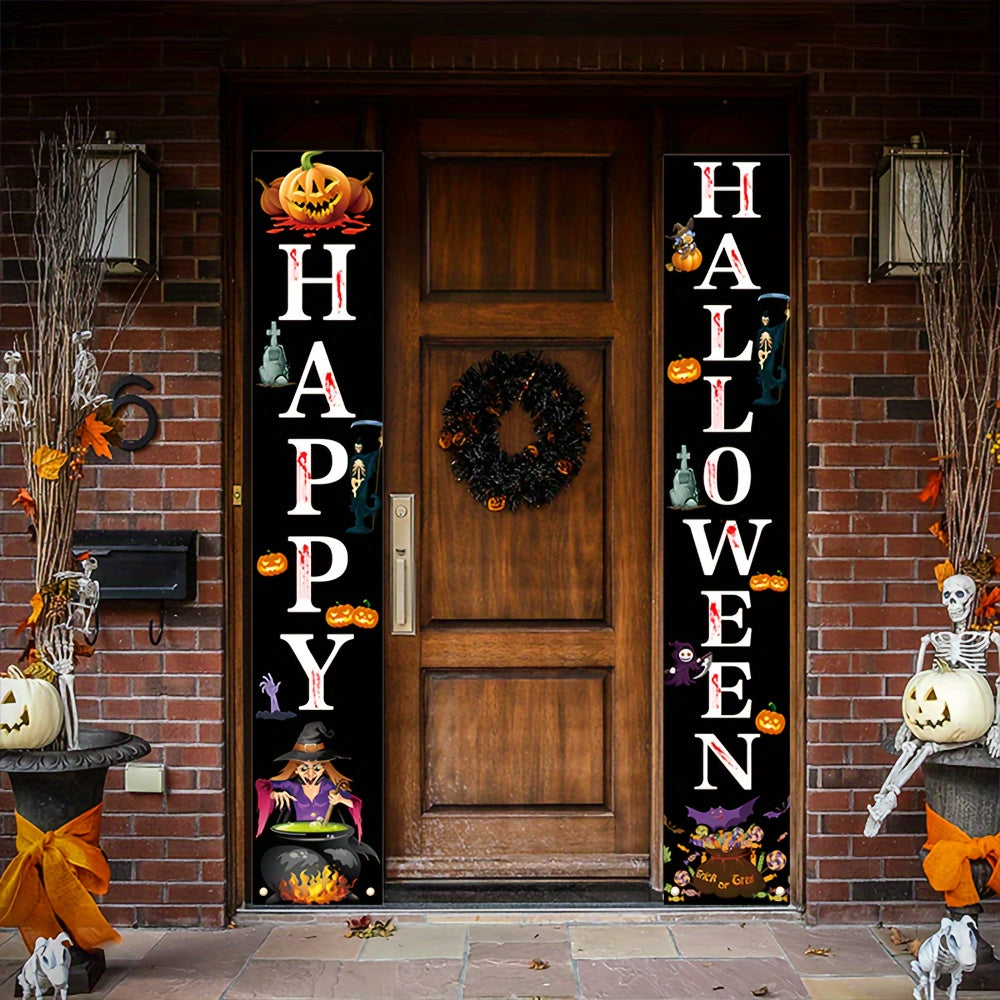 Halloween Porch Banner Flags Pair - 70.8" x 11.8" Polyester Garden Decor, Non-Electric, Trick or Treat & Harvest Festival Design for Outdoor Seasonal Decoration