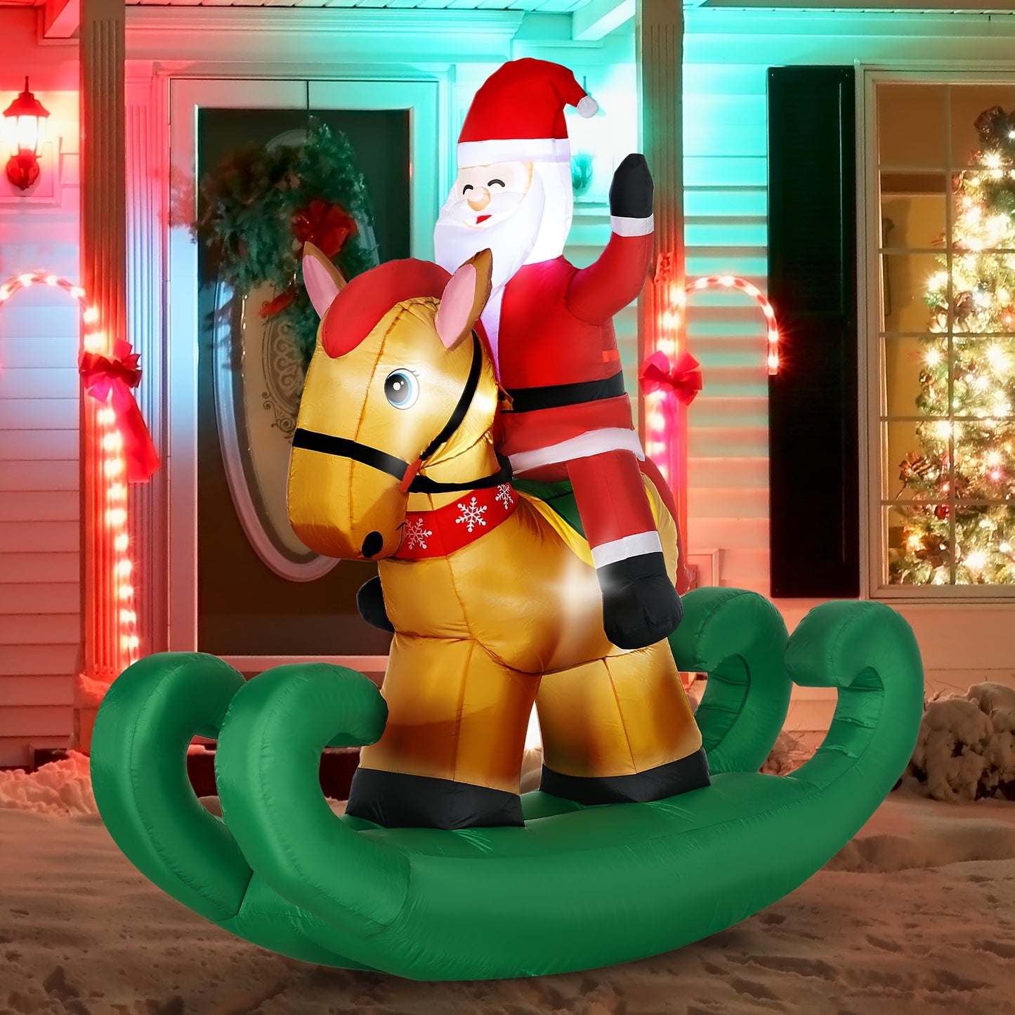 HOMCOM 6ft Christmas Inflatables Outdoor Decorations Santa Claus Riding A Rocking Horse, Blow-Up Yard Christmas Decor With LED Lights Display