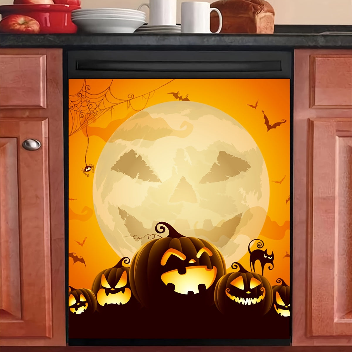 Halloween Magnetic Dishwasher Door Cover Decals - 2 Piece Set Traditional Pumpkin and Bats Design Vinyl Stickers, Easy Clean Halloween Kitchen/Home Decor, No Glue Required, Hanging Seasonal Holiday Ornaments