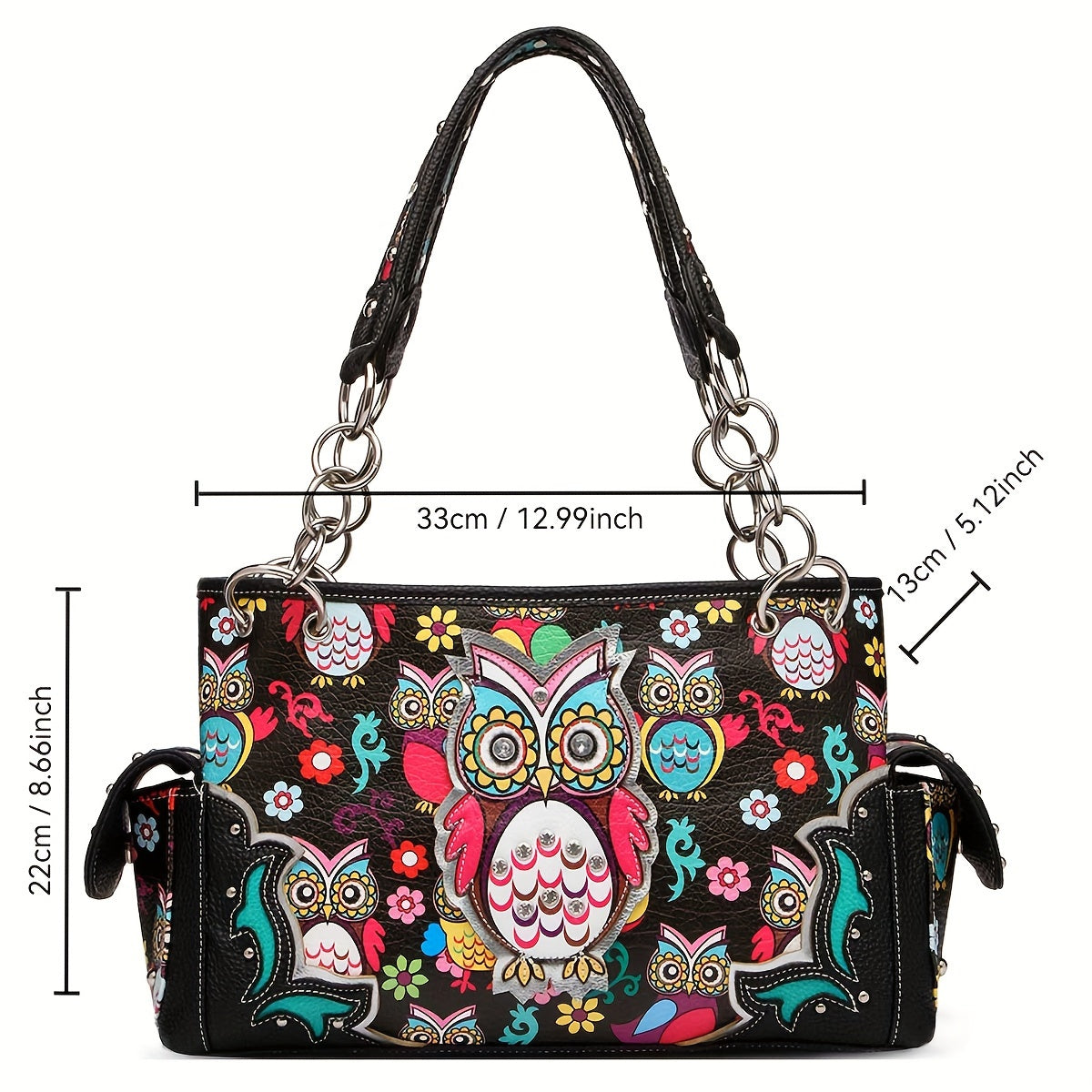 Colorful Owl Flower Western Style Cowgirl Fashion Purse Women Totes Rhinestone Studded Shoulder Bags Wallet Set