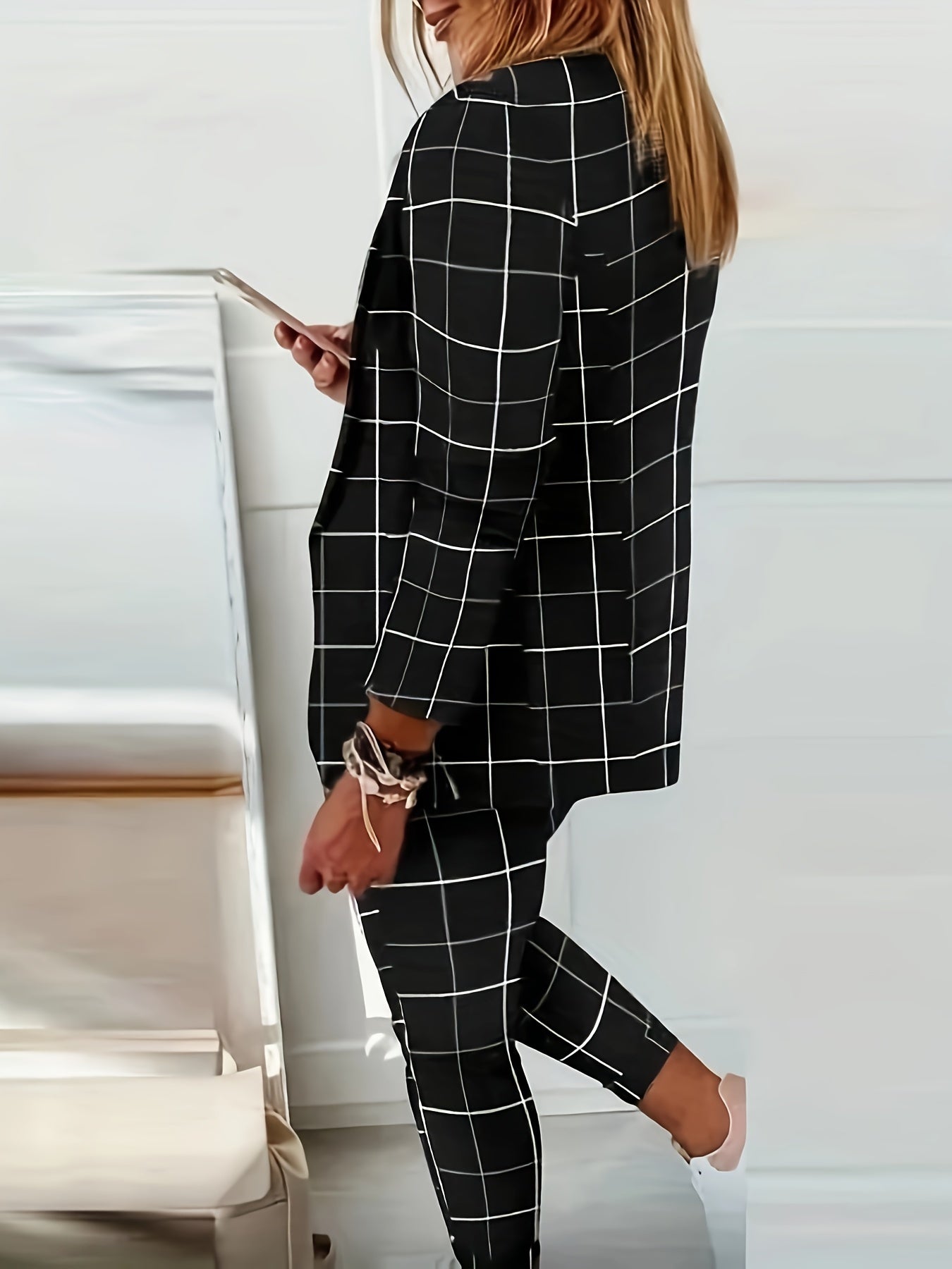 Women's Suits Set Plaid Print Elegant Suit Coat Shawl Collar and Temperament Commuting Drawstring Pant Fashion Work Blazer Sets