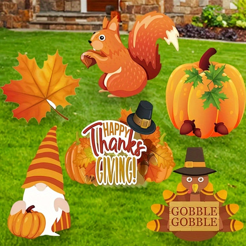 Festive Thanksgiving Yard Signs: 6-Piece Autumn Lawn Decoration Set - Maple Leaf, Squirrel, Turkey, Dwarf, Pumpkin, and Gnome - Corrugated Outdoor Decorations for Thanksgiving and Fall