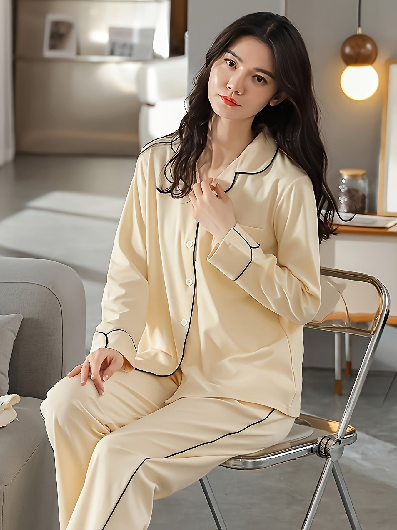 Women's Solid Contrast Binding Casual Pajama Set, Long Sleeve Buttons Lapel Top & Pants, Comfortable Relaxed Fit For Fall