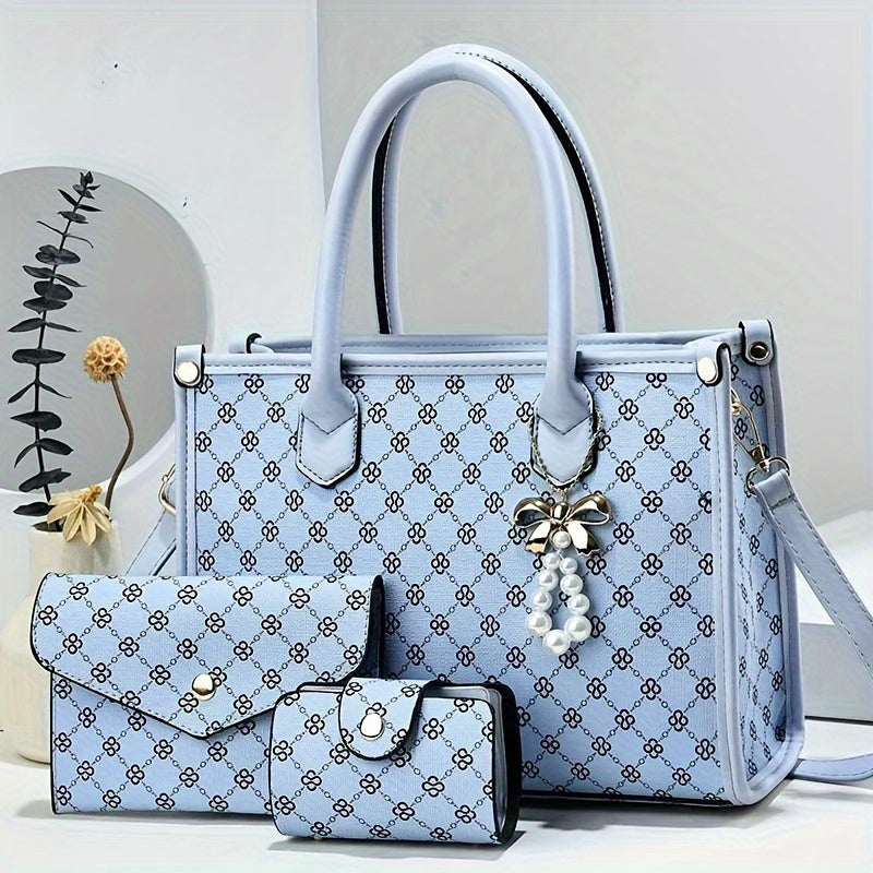 Elegant 3pcs Women's Fashion Bag Set with Geometric Pattern, Detachable Strap & Pearl Accents - Lightweight Faux Leather