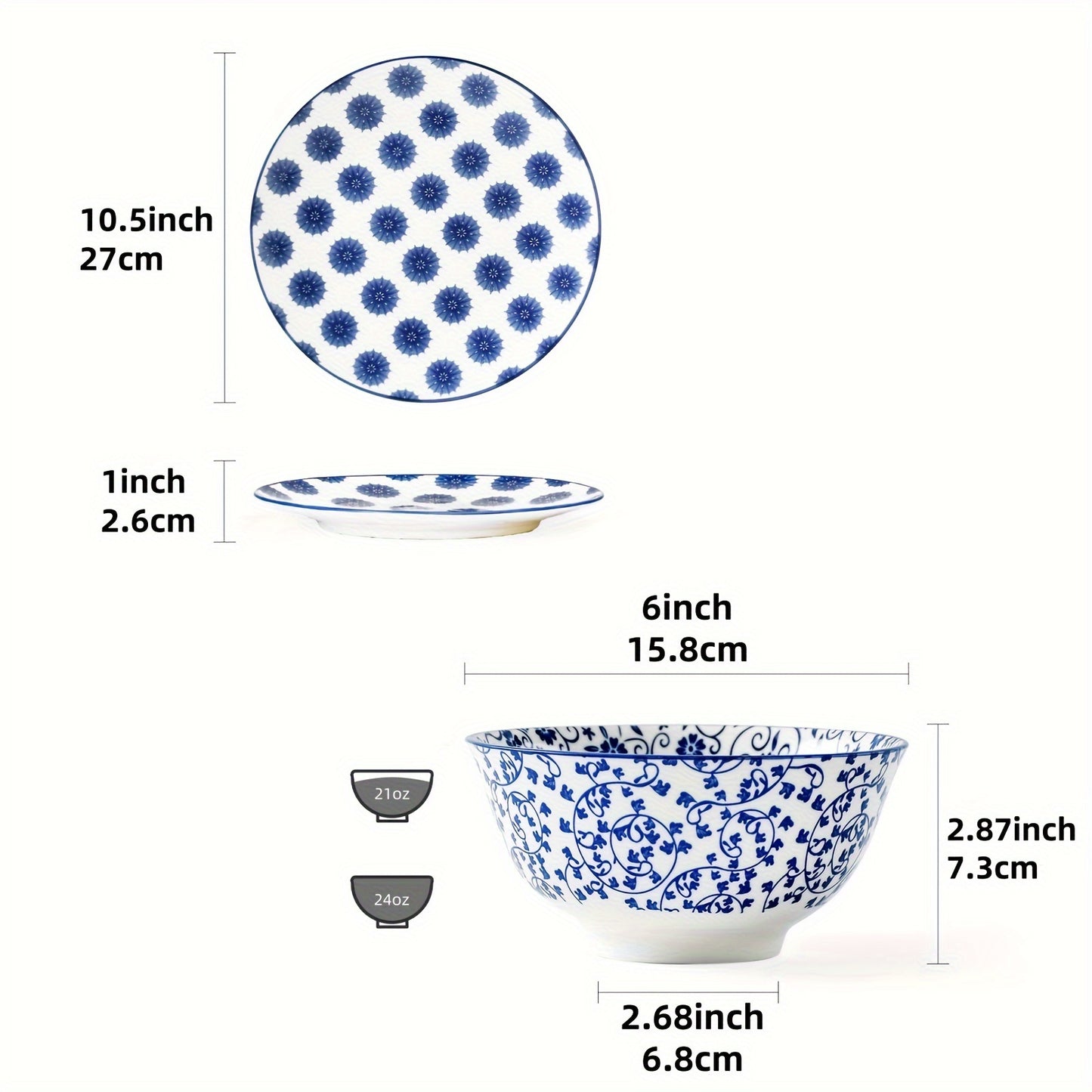 12 Pieces, Cerkik Ceramic Dinnerware Set, Includes 6 Each of 10.5 Inch Dinner Plates, 24 Ounce Cereal Bowls, Scratch Resistant, Microwave Oven Dishwasher Safe, Vintage Blue