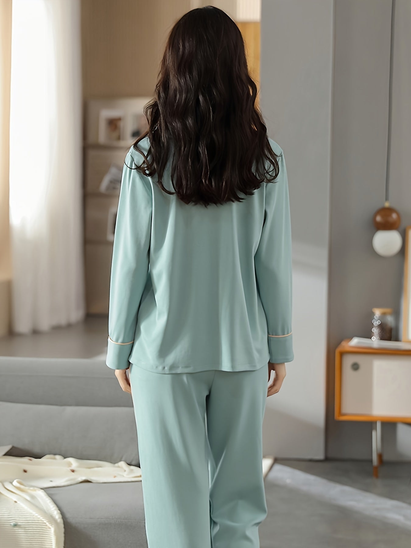 Women's Solid Contrast Binding Casual Pajama Set, Long Sleeve Buttons Lapel Top & Pants, Comfortable Relaxed Fit For Fall