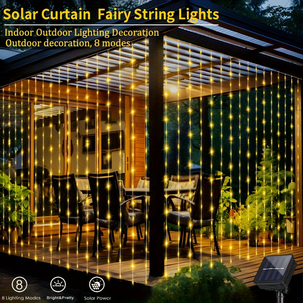 1 Pack 100/200/300 LED Solar Curtain String Lights, Outdoor decoration, 8 Lighting Modes Curtain Fairy Lights, Christmas Decorative Lights, Great For Wedding Party, Balcony, Patio, Garden Decoration (Colorful/Warm White/White)