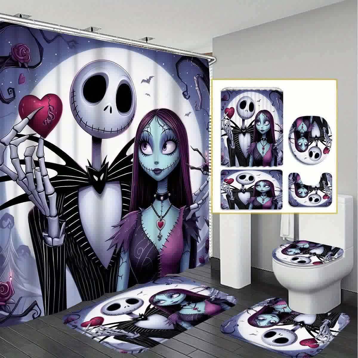 JIT Jack Skellington 1/4pcs Home Decor Shower Curtain Set, Waterproof Shower Curtain with 12 Hooks, Non-slip Bathroom Rug, Toilet U-Shaped Mat, Toilet Lid Mat, Bathroom Decor