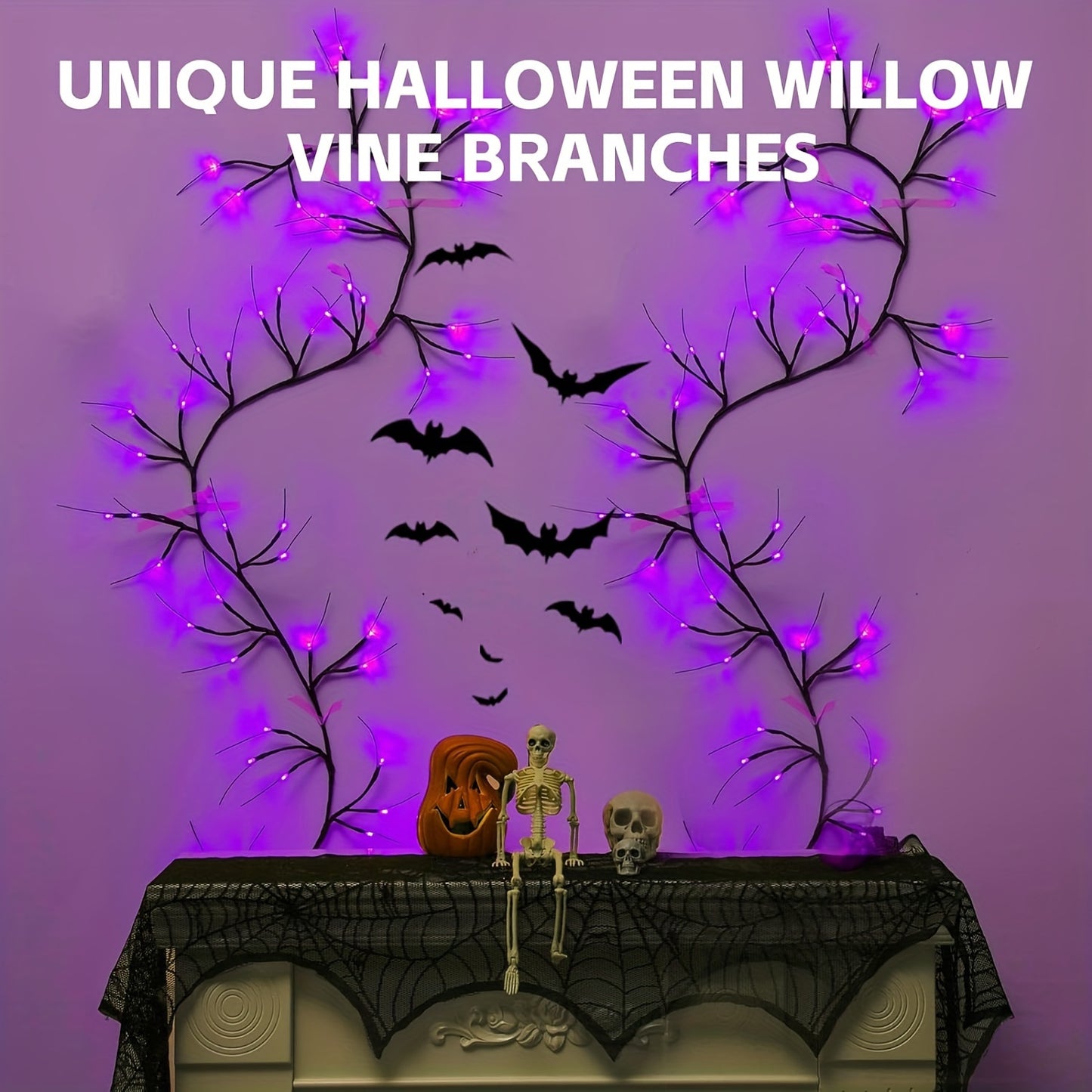 Festive Halloween Willow Vine Purple Lights: 1.7M/5.6FT USB-Powered Indoor/Outdoor Wall Decor, 48 LED Lights, Perfect for Halloween, Valentine's Day, Birthday Parties, and More