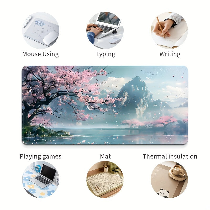 Large Gaming Mouse Pad With Traditional Chinese Landscape Design - Waterproof Rubber Base & Stitched Edges For Keyboard And Desk Protection - Ideal For Home Office, School, And Gifts