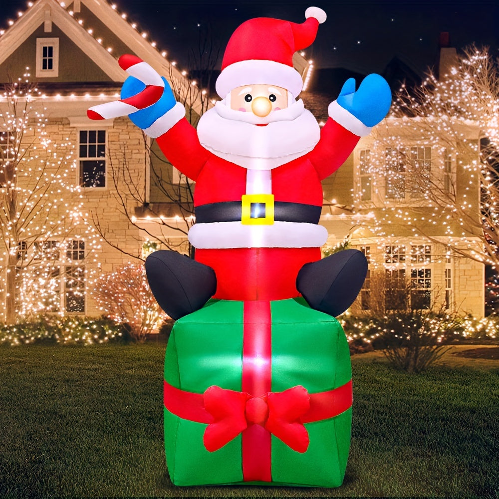 KOOY 6FT Christmas Inflatables Santa Claus Sitting On Gift Box, Christmas Blow Up Yard Decoration, LED Lights For Christmas Party Holiday Xmas, Outdoor Lawn Décor Christmas Decoration