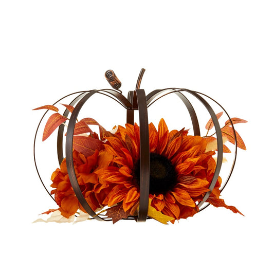 Harvest Metal Frame Pumpkin with Sunflower Indoor Decoration, 8"