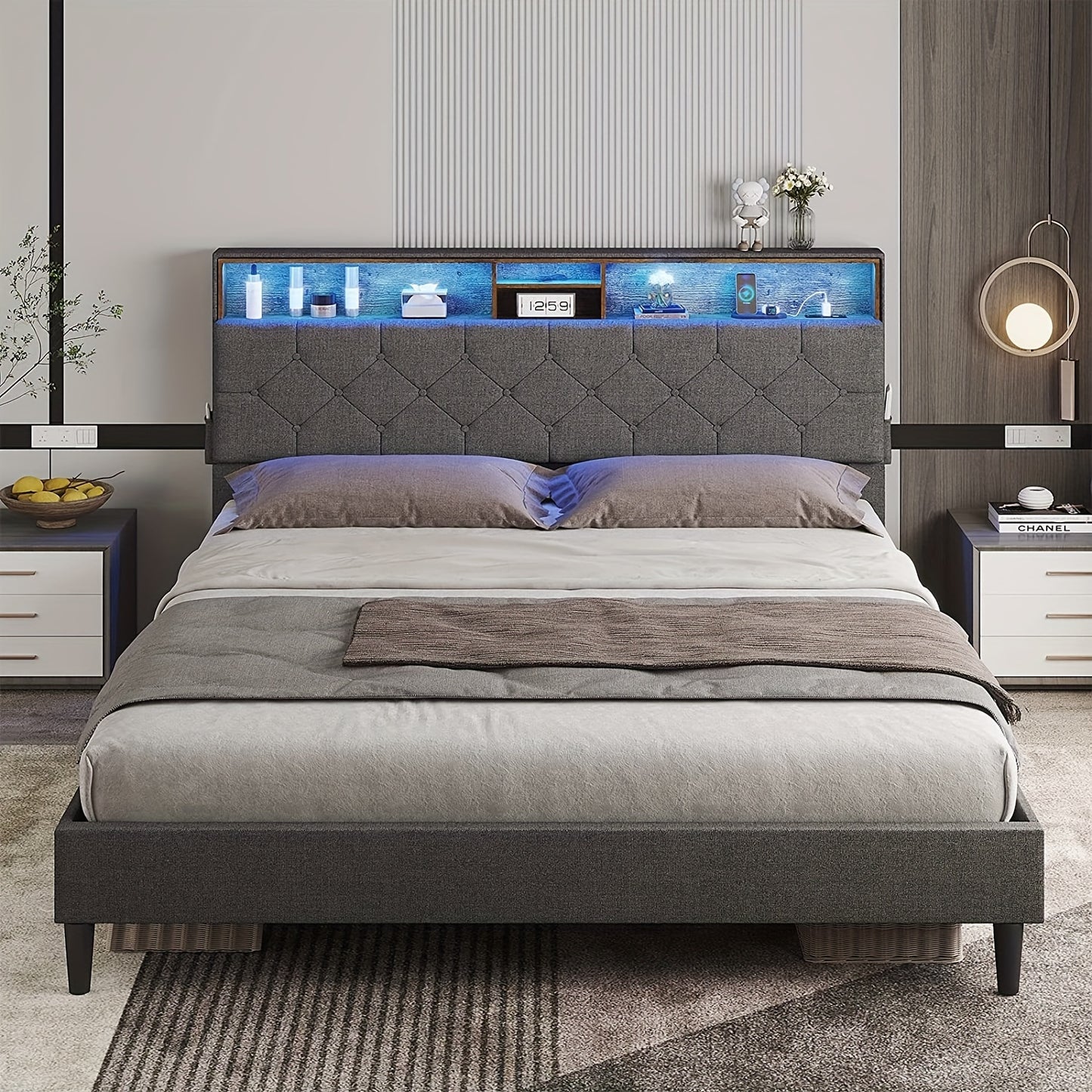 Queen Bed Frame w USB Ports & Outlets, LED Bed Frame Queen Size w Shelf Storage Headboard, Upholstered Platform Bed w LED Lights