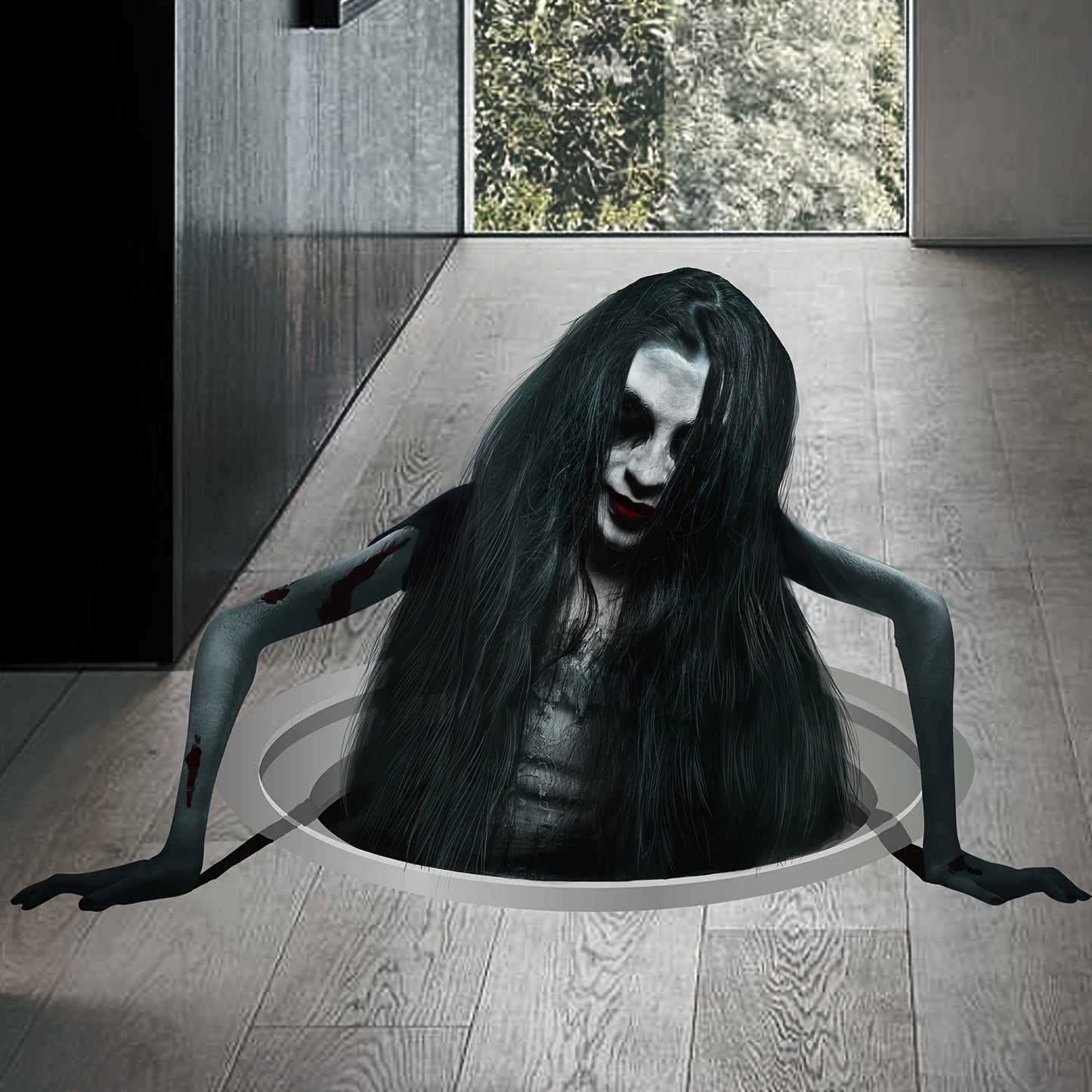 Halloween Floor Decal with Scary Long-Haired Woman Graphic – PVC, Non-Feathered, General Fit for Festive Home Decor, No Electricity Required