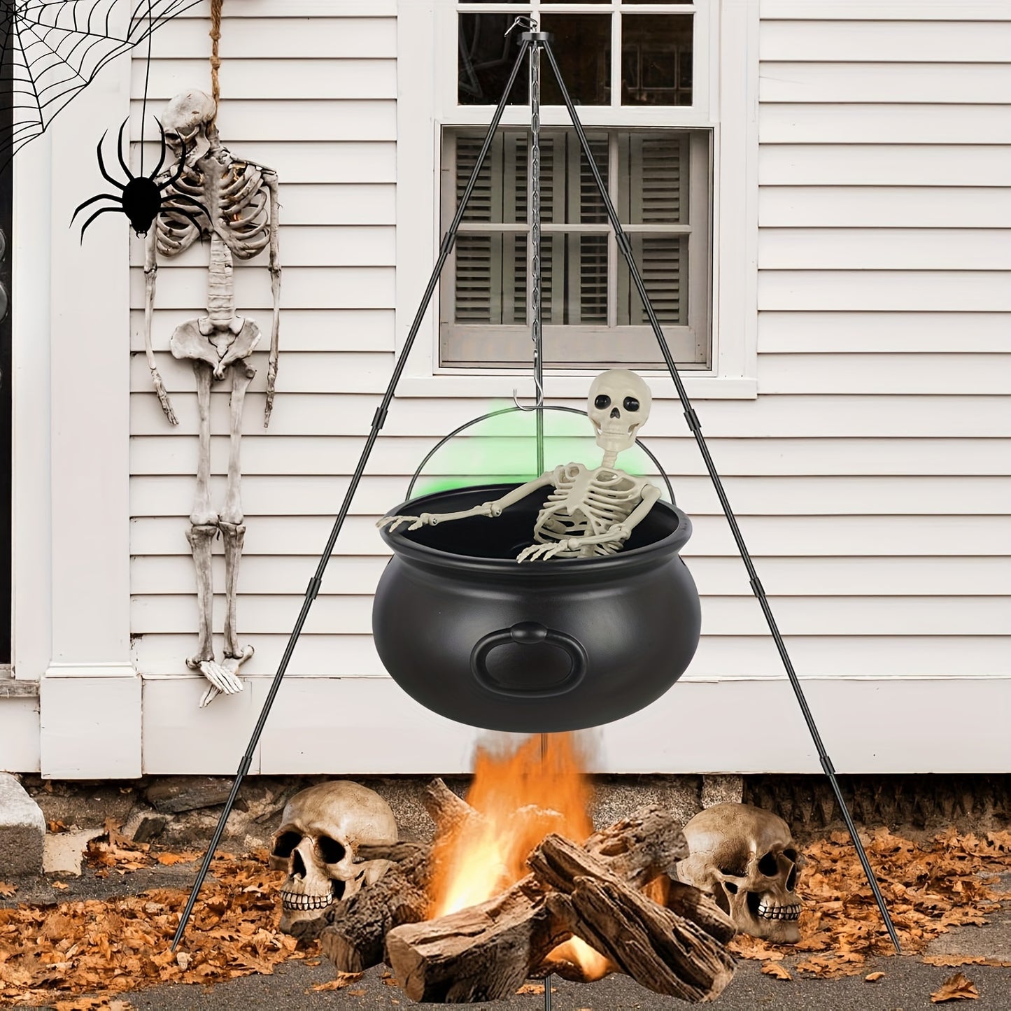 Large Outdoor Halloween Decorations - Skeleton And Witch Cauldron With Tripod And Smoke Generator - Great For Patio Porch And Home Decorations