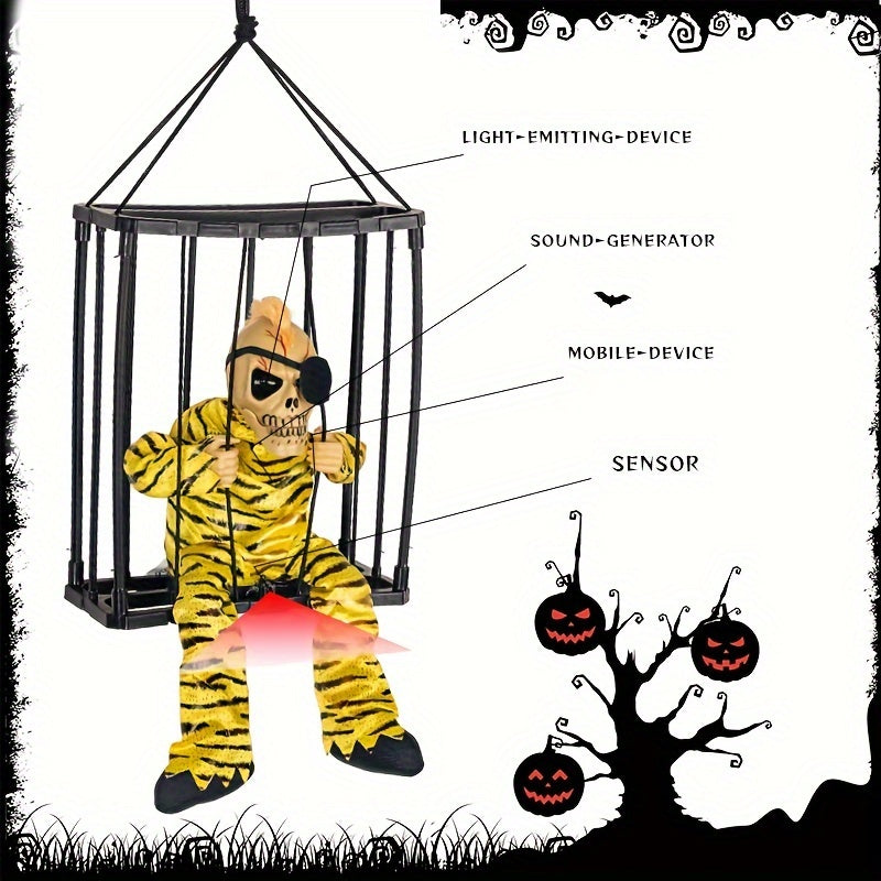 1pc, Halloween Animated Hanging Prisoner Cage Decor, Sound And Light Up Eyes, 9.06inch Sensor-Activated Jail Ghost With Striped Prison Outfit And Leopard Print, Plastic And Fabric, Perfect For Haunted House, Bar, Dance Party Decoration