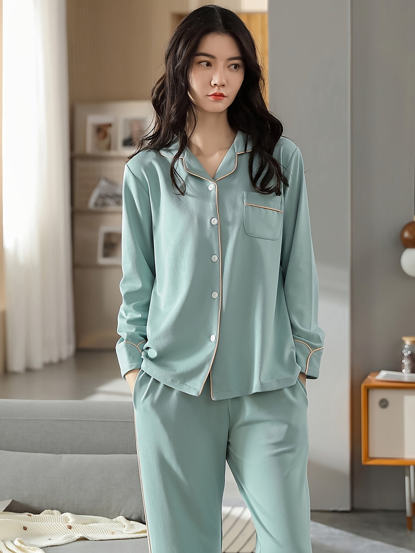 Women's Solid Contrast Binding Casual Pajama Set, Long Sleeve Buttons Lapel Top & Pants, Comfortable Relaxed Fit For Fall