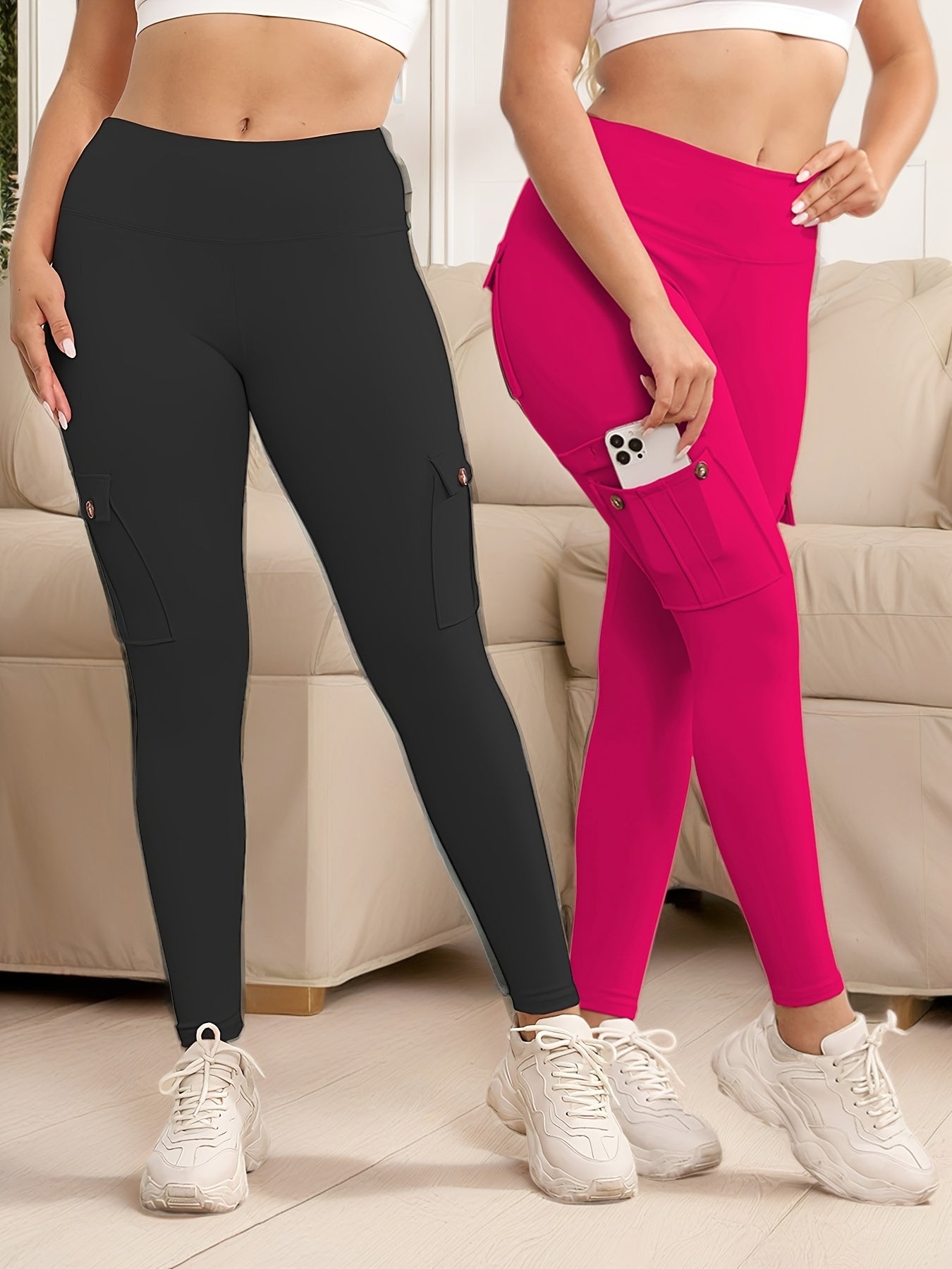 2-Pack High Waist Yoga Leggings With 4 Buttoned Pockets, Tummy Control, Lift Butt, Fitness Pants For Running And Gym