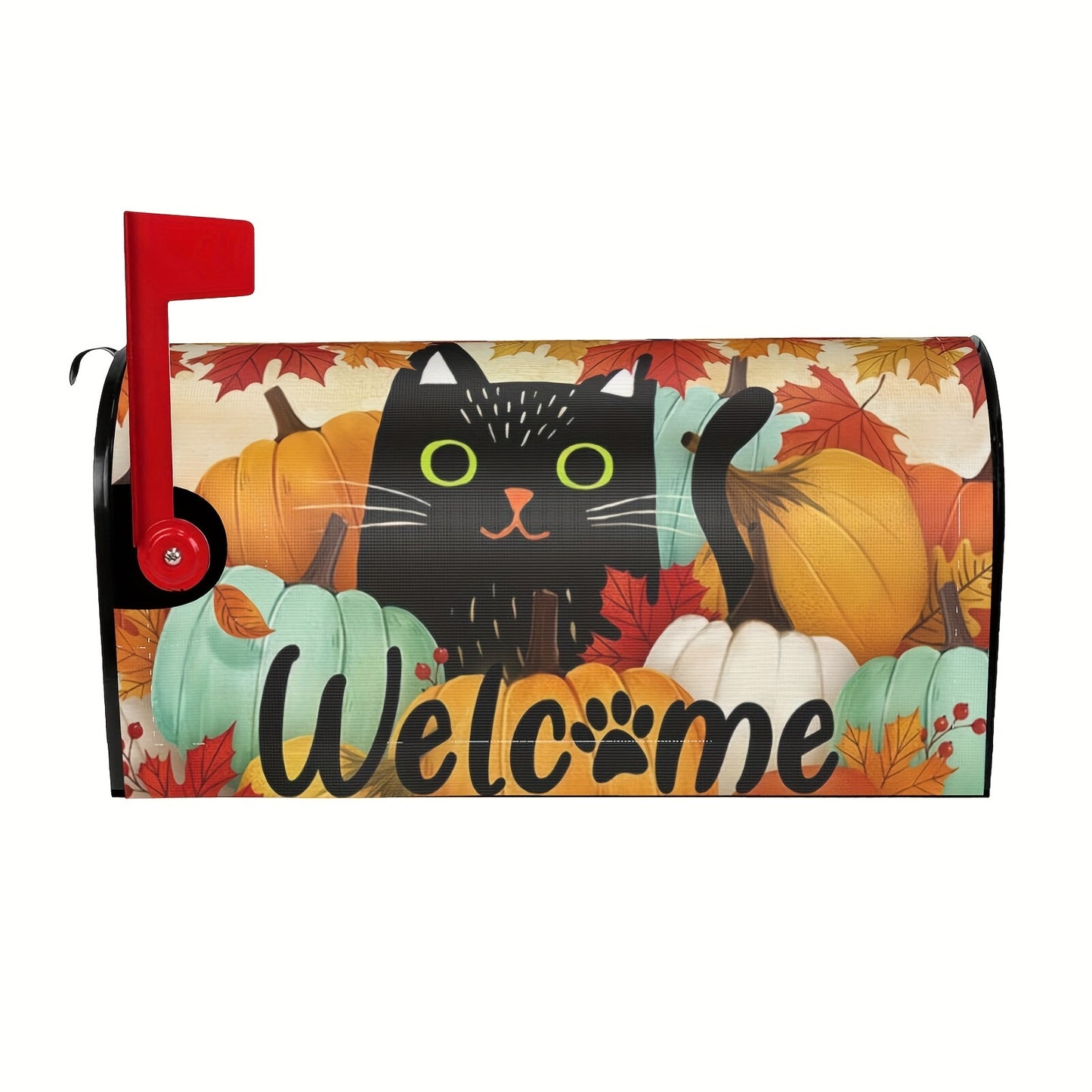 Autumn Black Cat Mailbox Cover with Pumpkin and Maple Leaf Design, Welcome Magnetic Mailbox Wrap for Standard Size, Outdoor Thanksgiving Farmhouse Decor, Easy Install, 21"x18" - 1pc