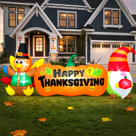 KOOY 8FT Inflatable Turkey Gnome, Thanksgiving Banner Inflatables Outdoor Decorations With Colorful Tail LED Lights, Blow Up Yard Decorations For Holiday Outdoor, Fall Garden, Lawn Décor Autumn Harvest