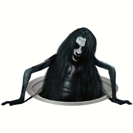 Halloween Floor Decal with Scary Long-Haired Woman Graphic – PVC, Non-Feathered, General Fit for Festive Home Decor, No Electricity Required