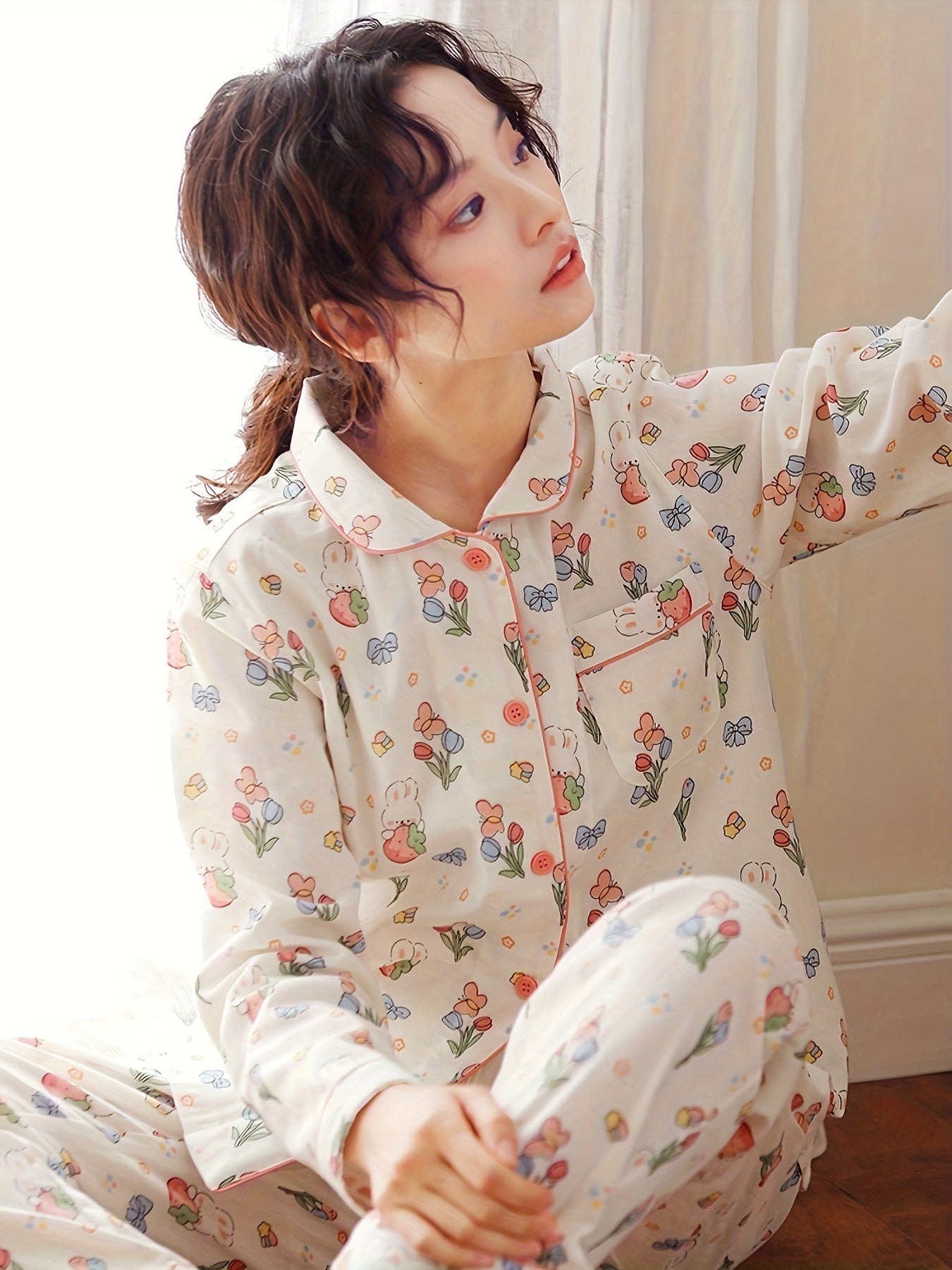 Women's Cute Bunny & Tulip Print Lounge Set, Long Sleeve Buttons Lapel Top & Pants, Comfortable Relaxed Fit For Fall